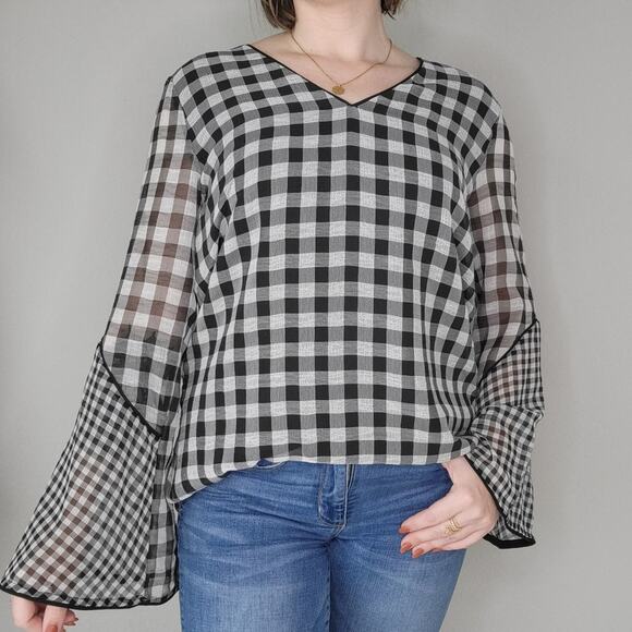 Calvin Klein Gingham Plaid Blouse Top with Bell Sleeves Size Medium - Picture 1 of 9